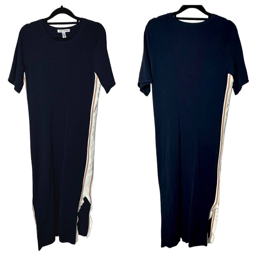 Autumn Cashmere Dress Knit Sheath Midi Short Sleeve Stripe Navy Blue White S